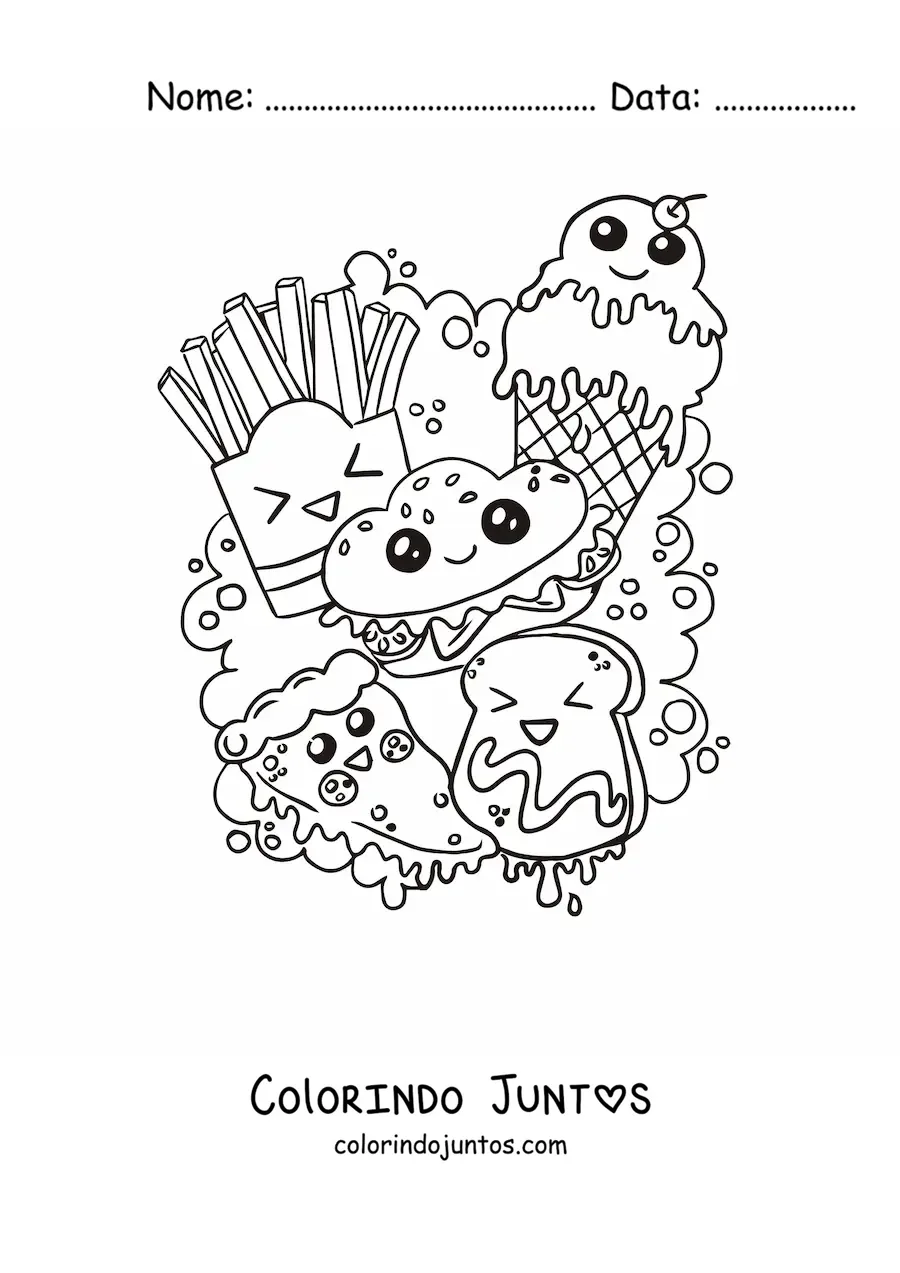 Desenho para colorir de um hamburguer, batata frita, sorvete e uma torrada kawaii