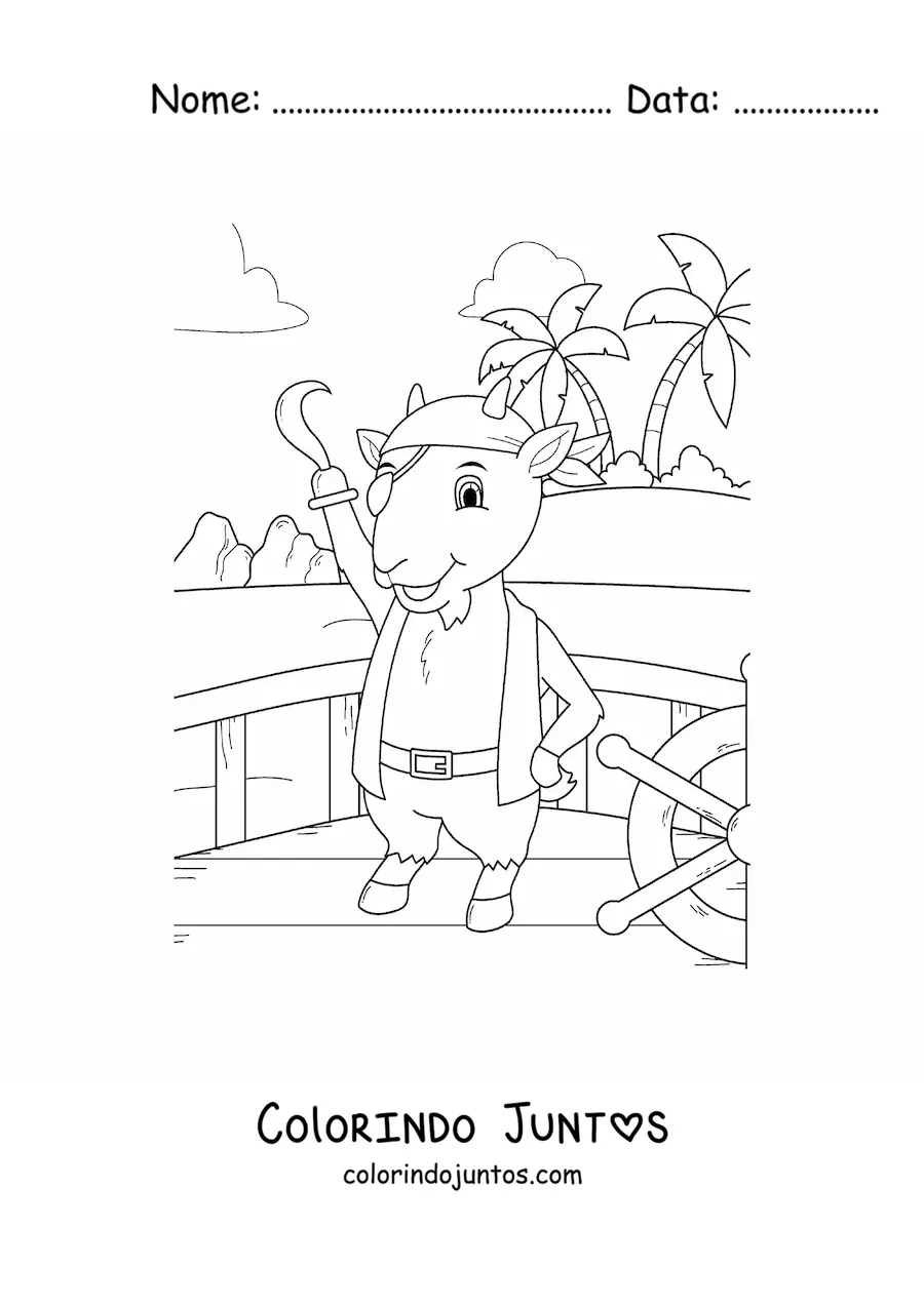 Desenho para colorir de cabra pirata animada em um navio