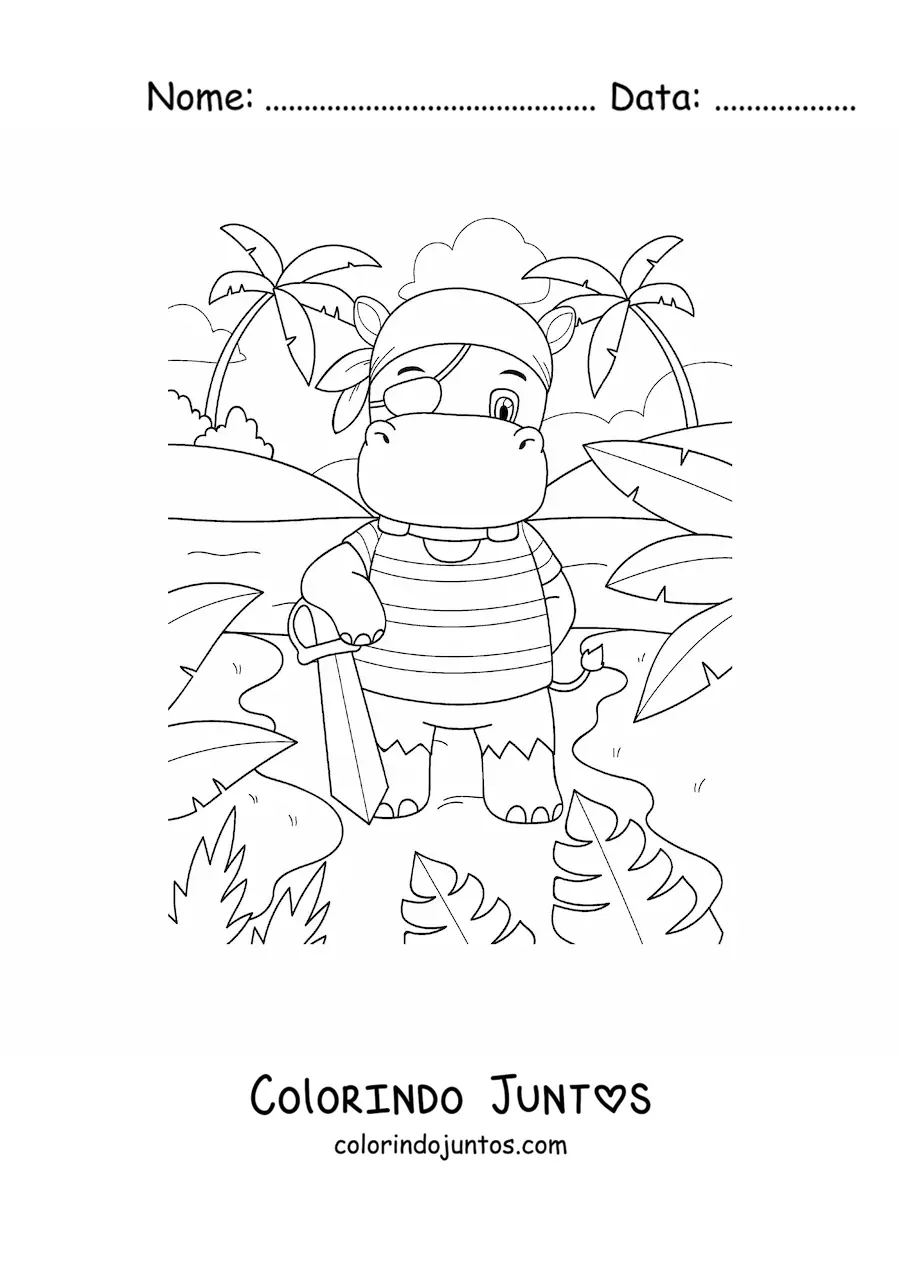 Desenho para colorir de hipopótamo pirata animado na ilha do tesouro