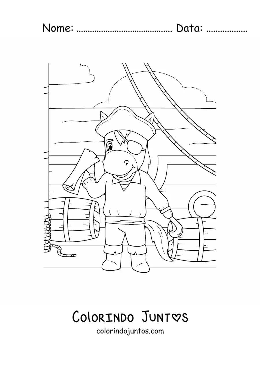 Desenho para colorir de cavalo pirata animado em um navio pirata