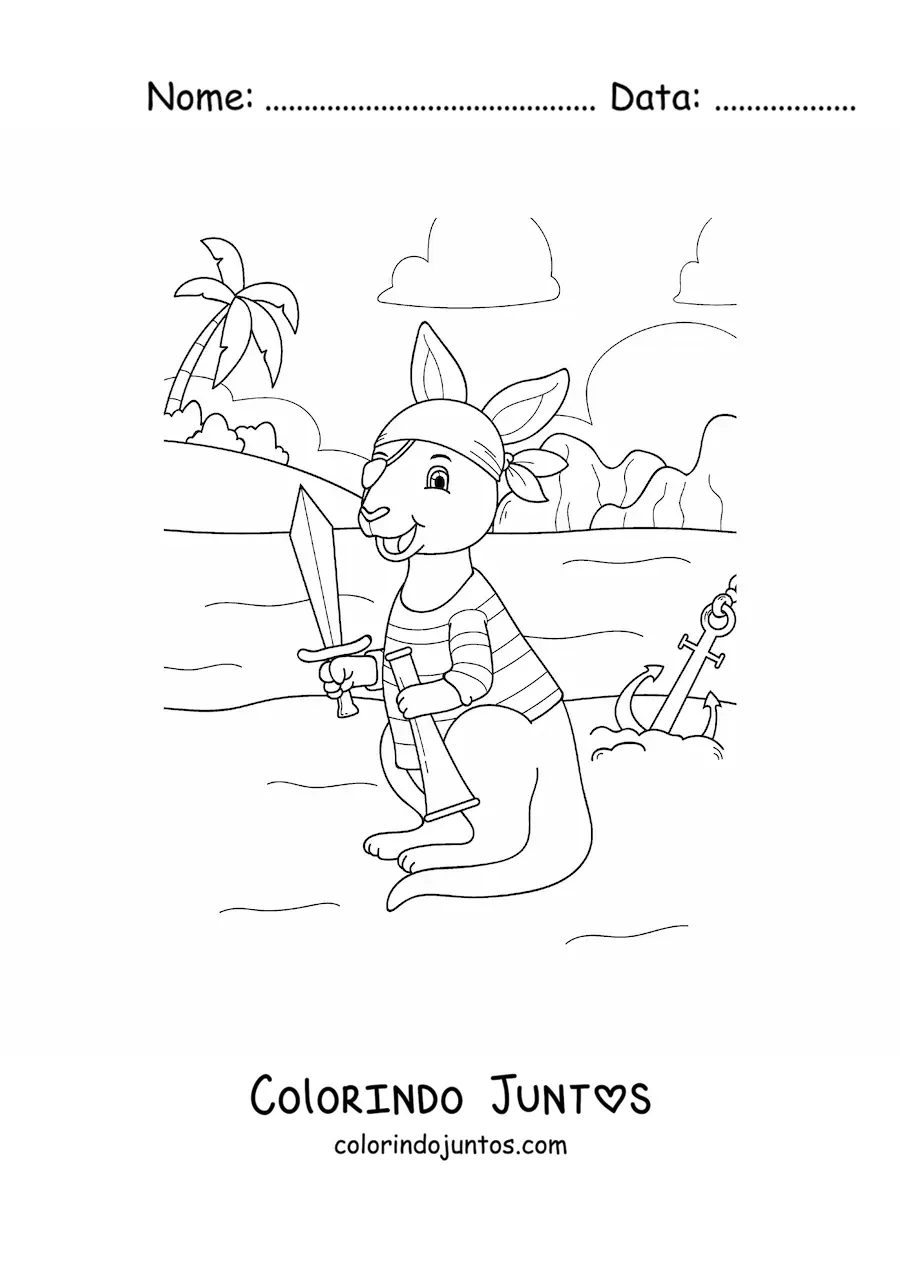Desenho para colorir de canguru pirata animado procurando um tesouro na ilha