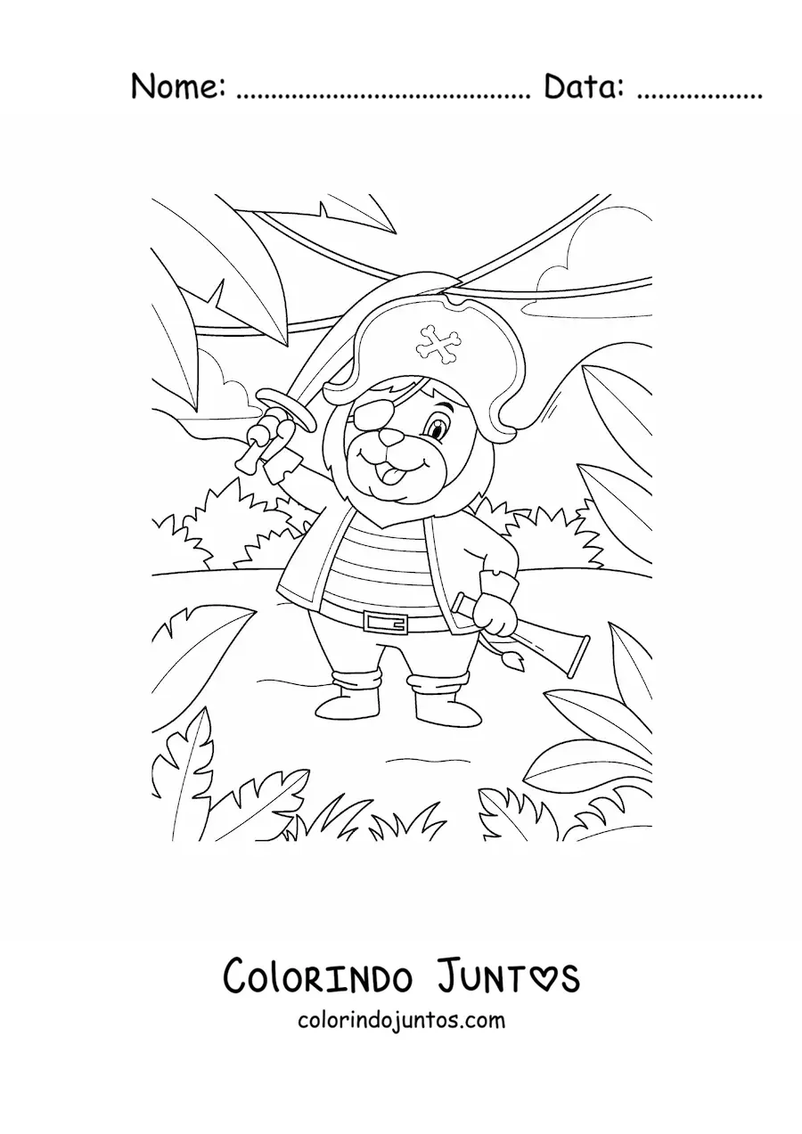 Desenho para colorir de leão pirata animado na ilha do tesouro