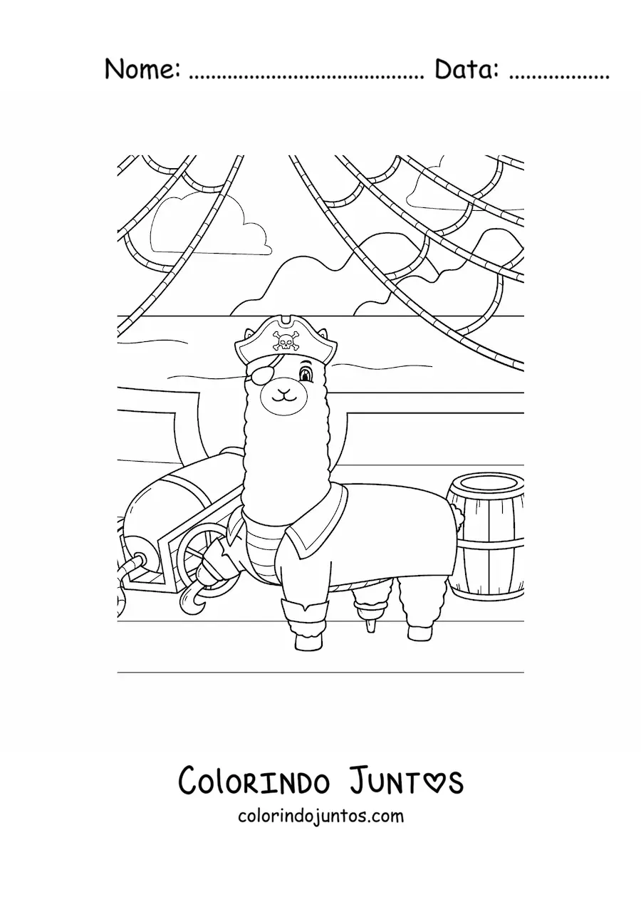 Desenho para colorir de lhama pirata animada em um navio pirata