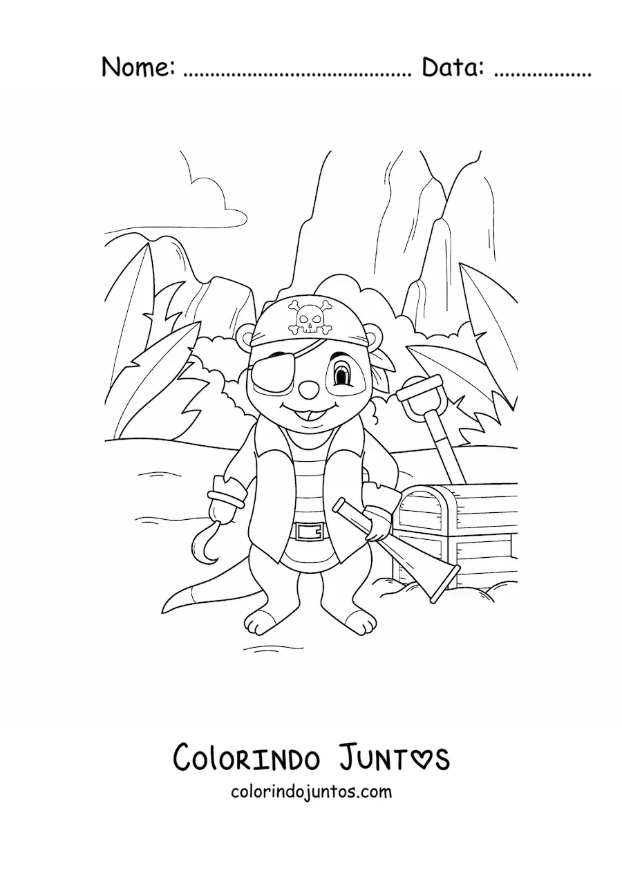 Desenho para colorir de suricato pirata animado com baú do tesouro na ilha