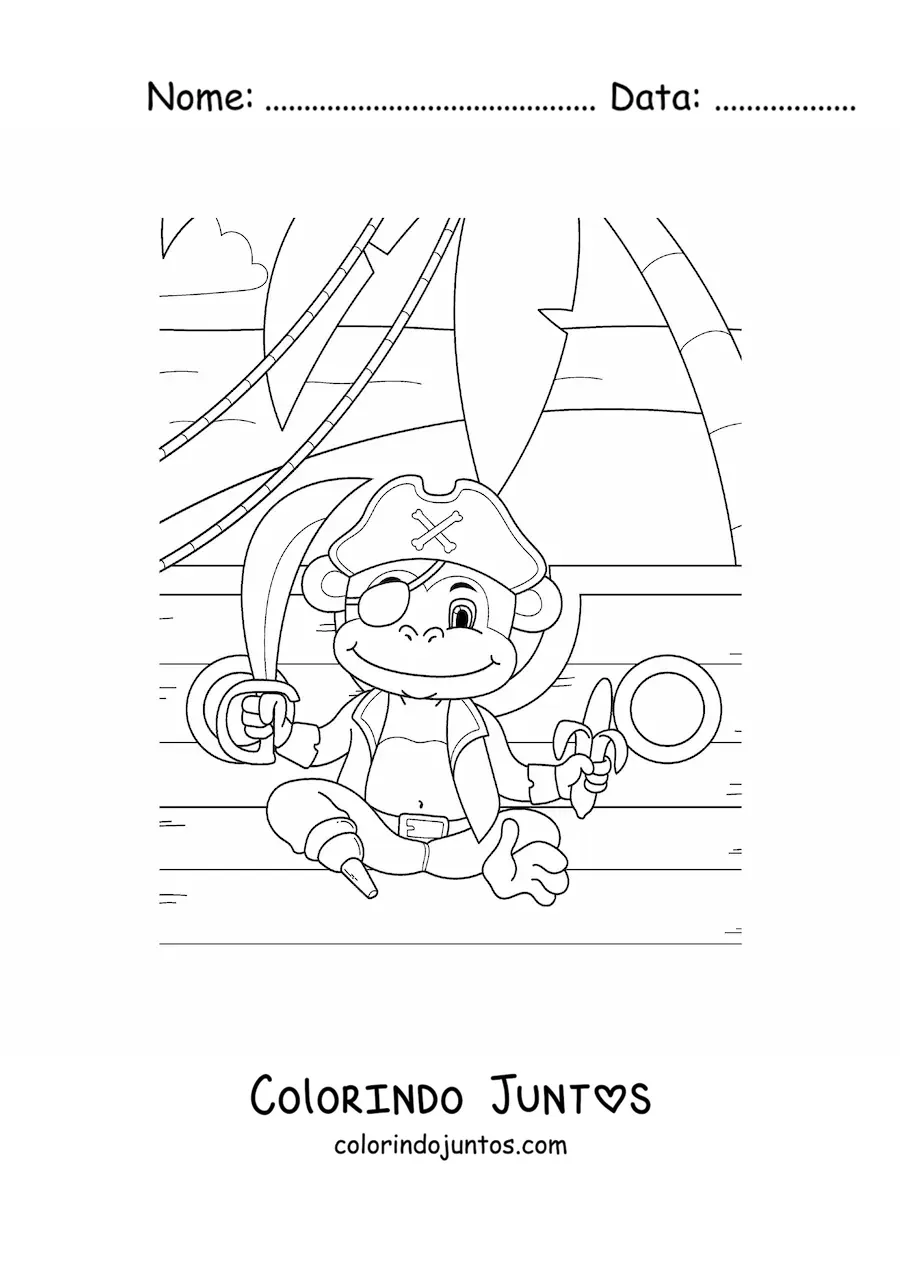 Desenho para colorir de macaco pirata animado em um navio pirata