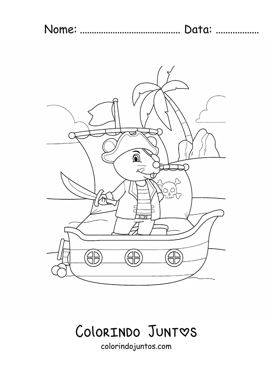 Desenho para colorir de rato pirata animado em um navio chegando à ilha