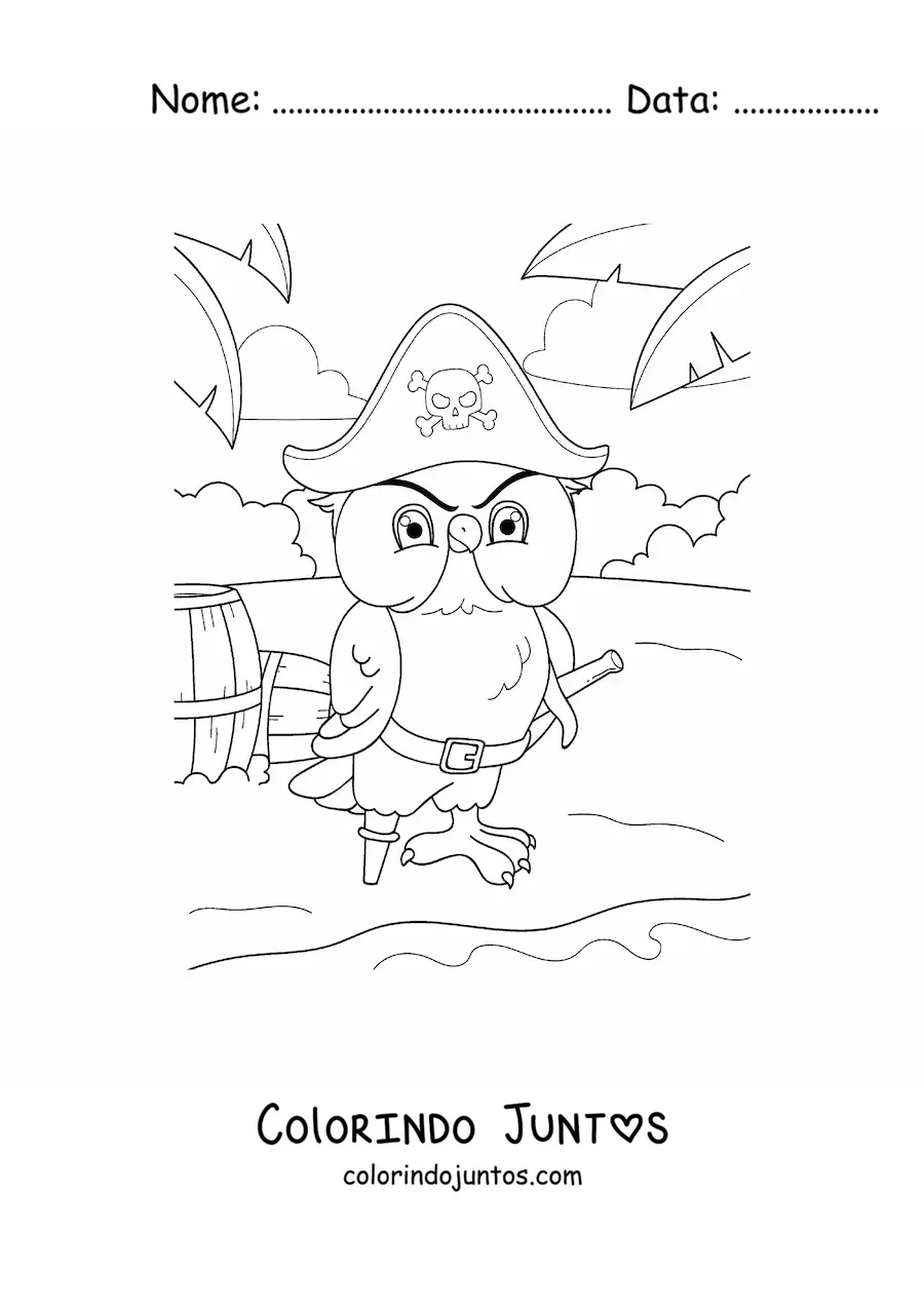Desenho para colorir de coruja pirata animada na ilha do tesouro