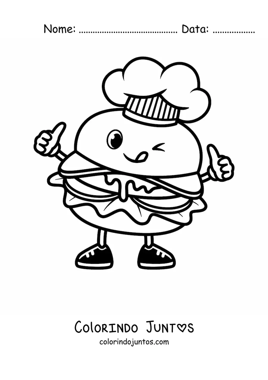 Desenho para colorir de um hamburguer animado com chapeu de chef mostrando a lingua