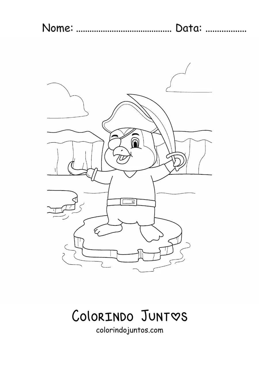 Desenho para colorir de pinguim pirata animado em um iceberg