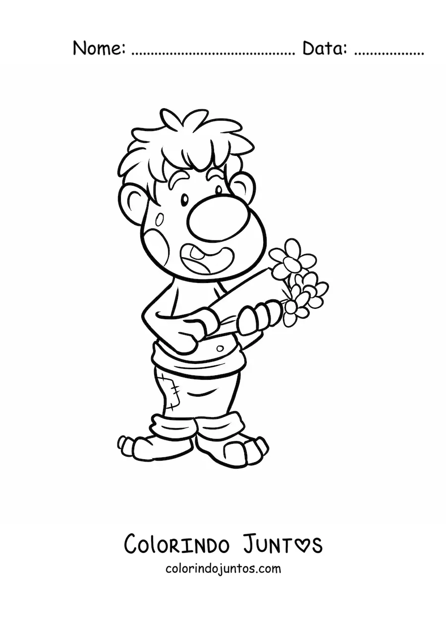 Desenho para colorir de troll animado apaixonado com buquê de flores