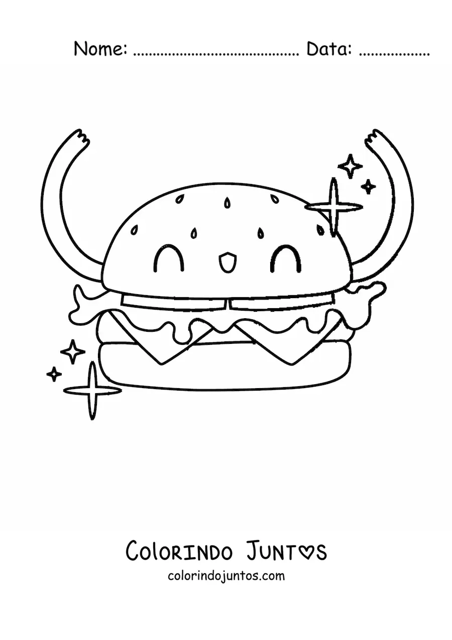 Desenho para colorir de um hamburguer com os bracos para cima sorrindo animado