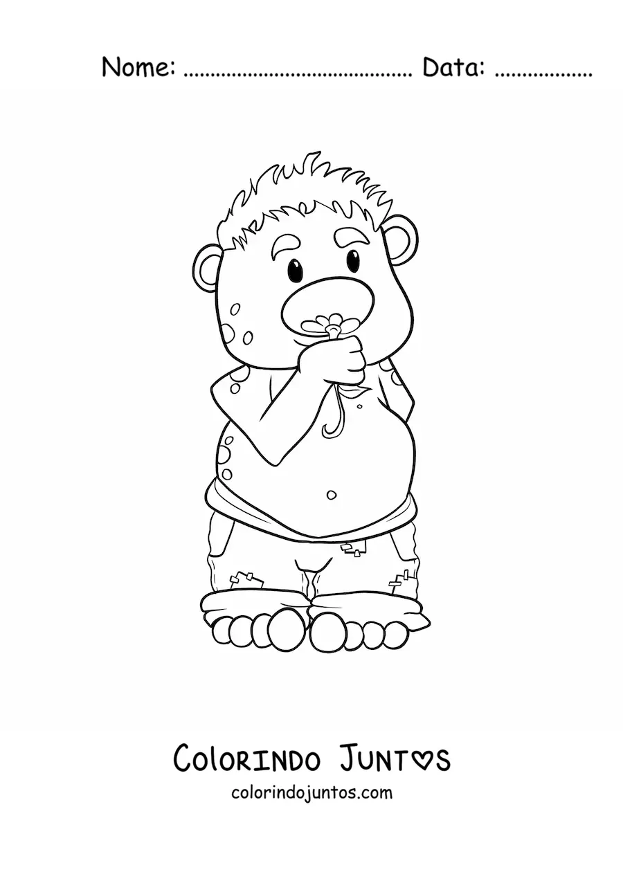 Desenho para colorir de troll animado cheirando uma flor