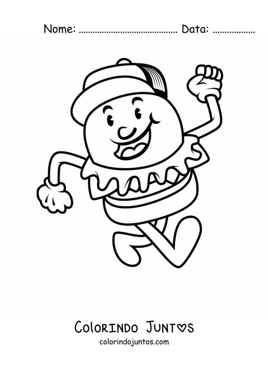 Desenho para colorir de um hamburguer animado com bone caminhando