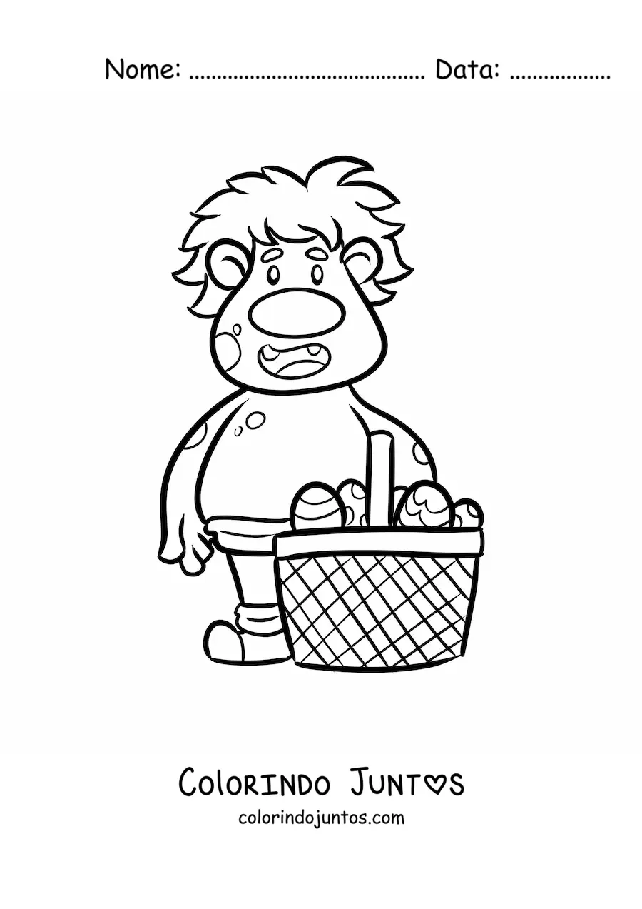 Desenho para colorir de troll animado com cesta de ovos de páscoa