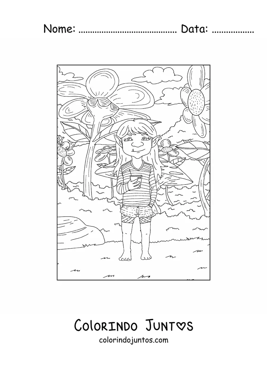 Desenho para colorir de menina troll realista moderna com flores