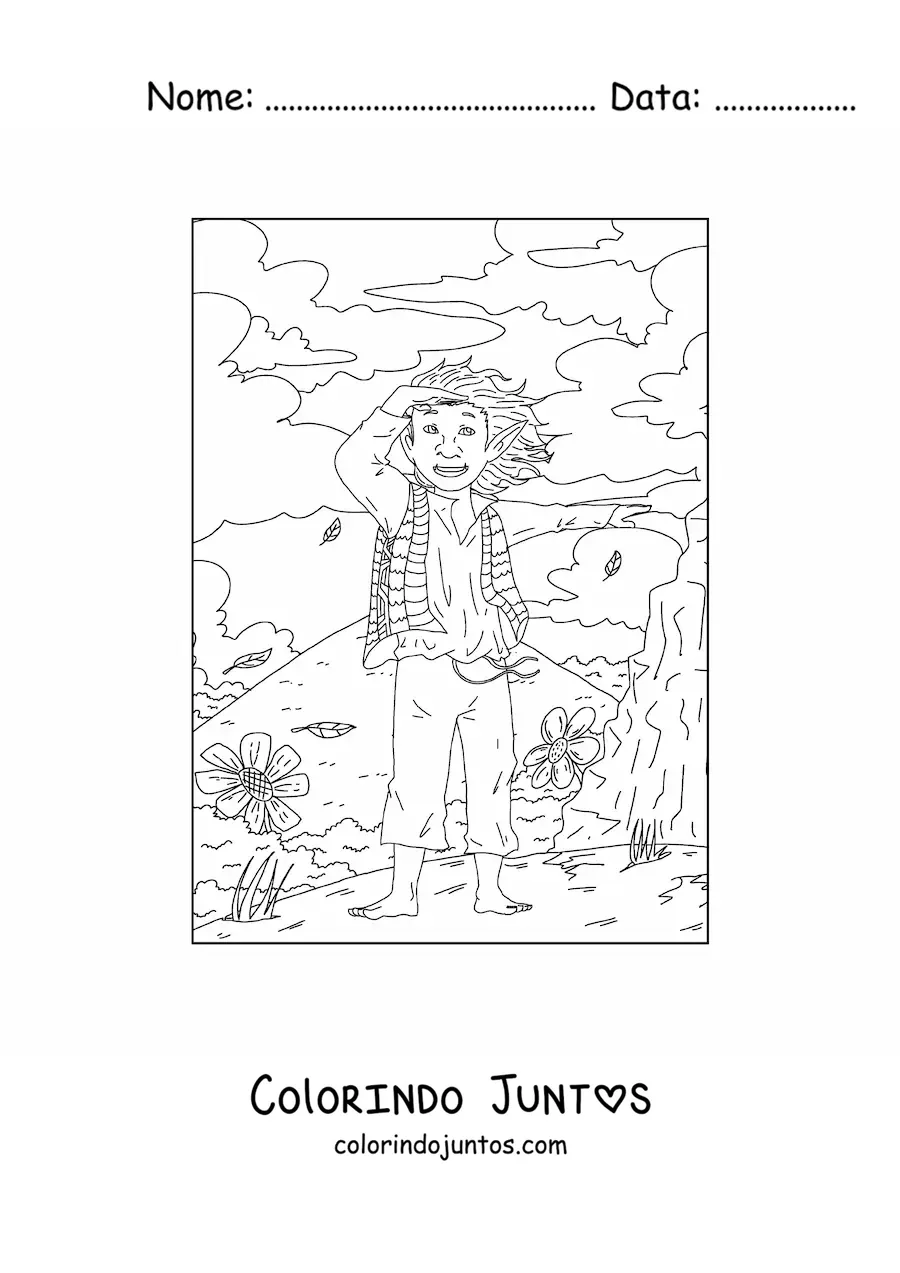 Desenho para colorir de menino troll realista em uma montanha com flores