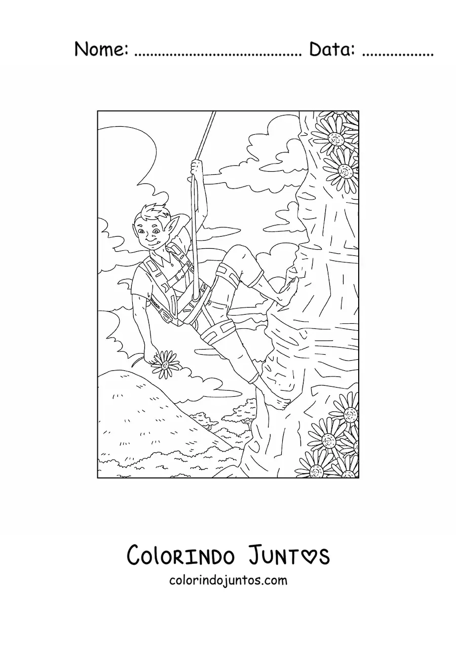 Desenho para colorir de menino troll realista escalando uma montanha com flores