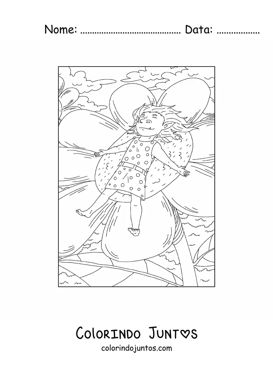 Desenho para colorir de menina troll realista dormindo sobre uma flor