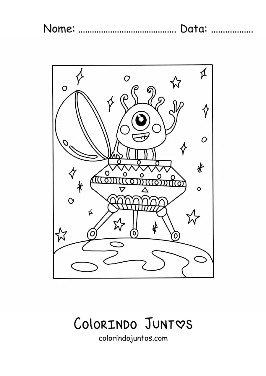 Desenho para colorir de extraterrestre kawaii em sua nave