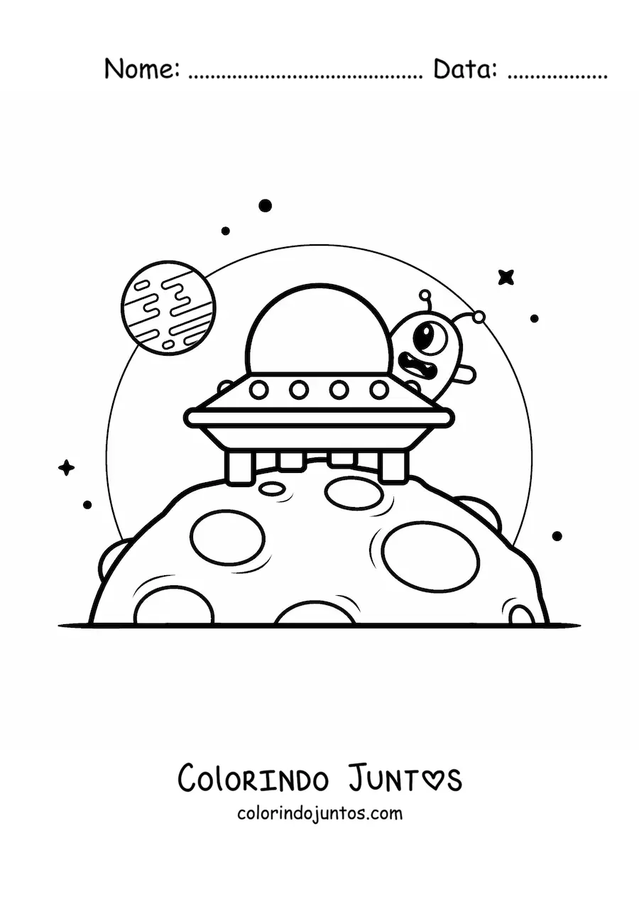 Desenho para colorir de extraterrestre animado em uma nave em outro planeta