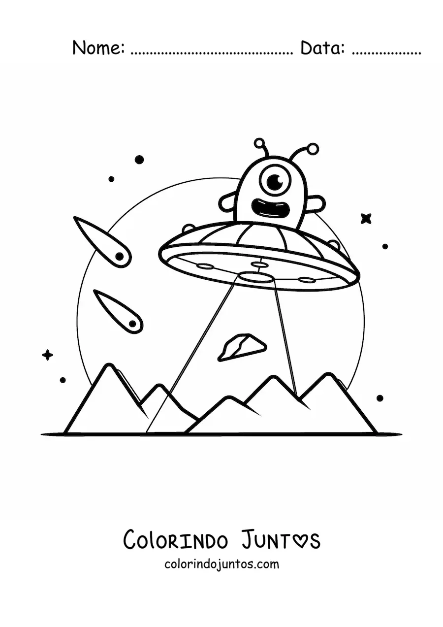 Desenho para colorir de extraterrestre animado voando em um ovni