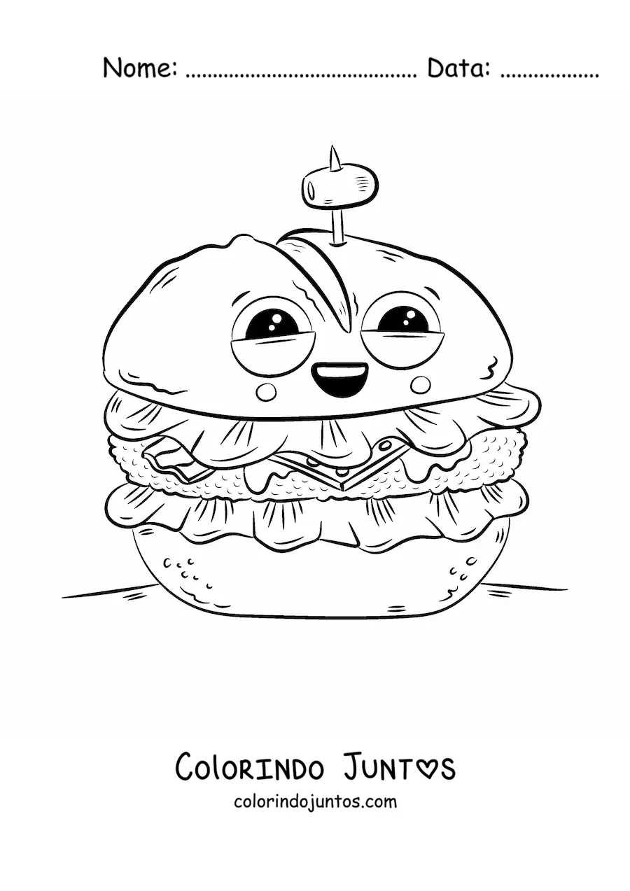 Desenho para colorir de um hamburguer animado com uma azeitona espetada
