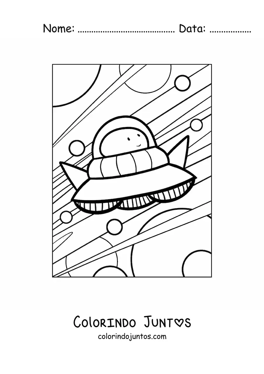Desenho para colorir de alienígena animado voando em sua nave espacial