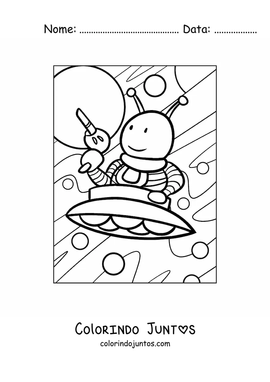 Desenho para colorir de alienígena animado com uma arma em sua nave espacial