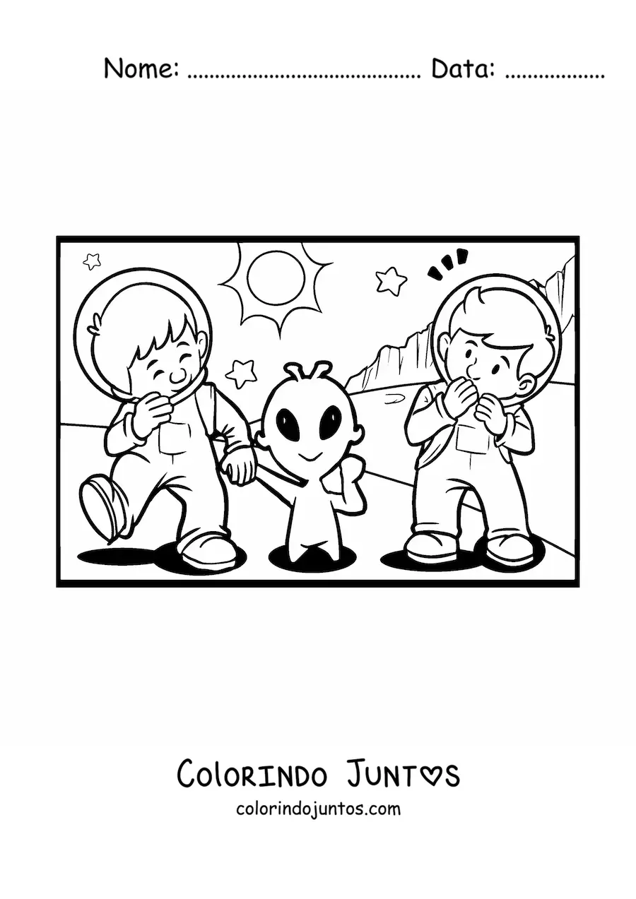 Desenho para colorir de astronautas com extraterrestre em Marte