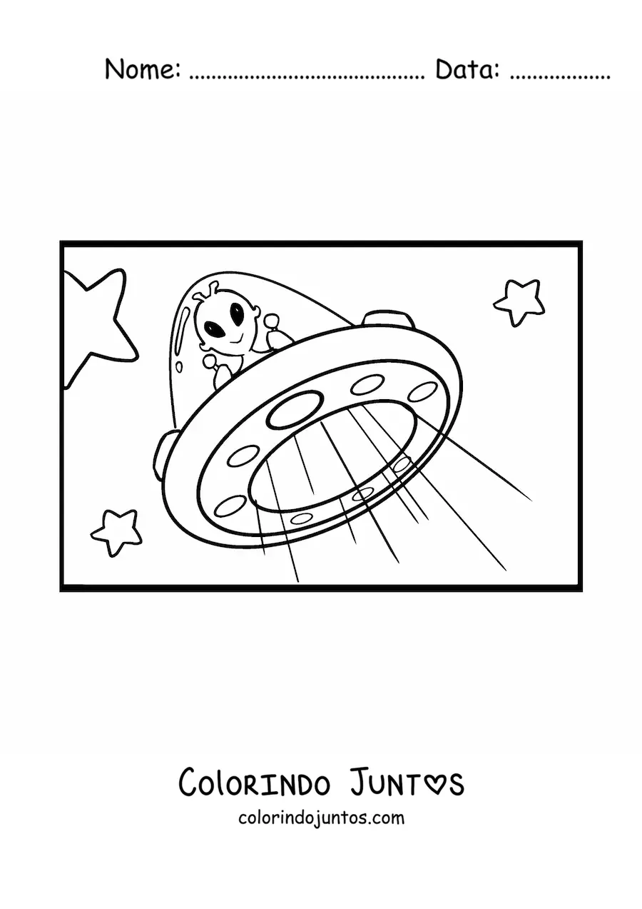 Desenho para colorir de marciano animado voando em um ovni