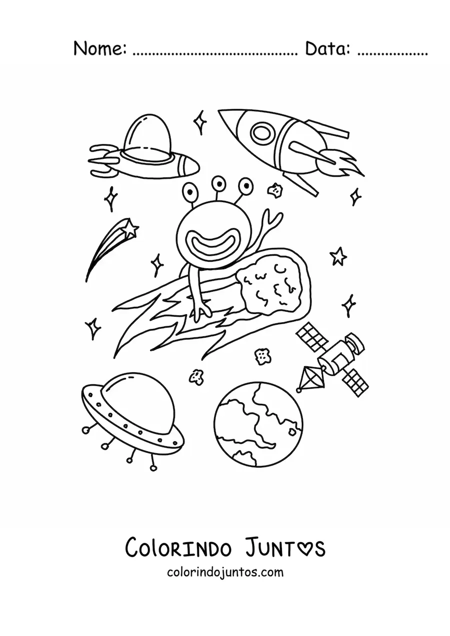 Desenho para colorir de marciano animado em um asteroide