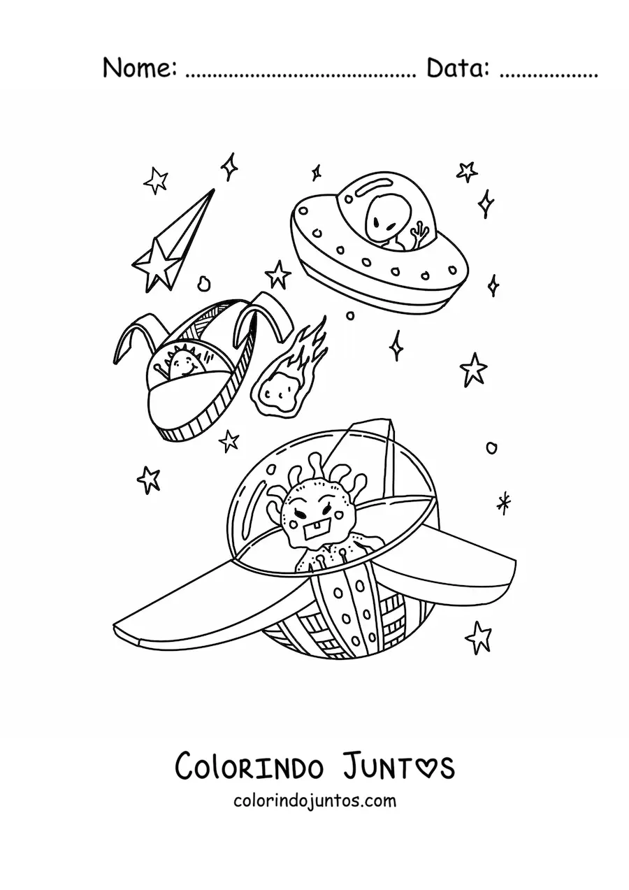 Desenho para colorir de extraterrestres animados em naves espaciais