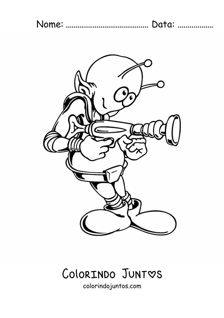 Desenho para colorir de um marciano com uma arma