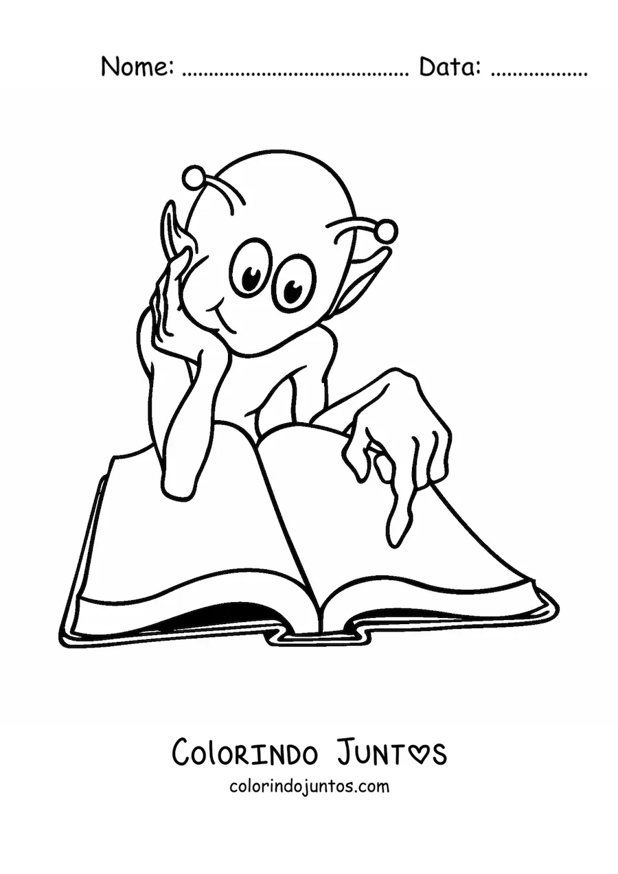 Desenho para colorir de um marciano lendo