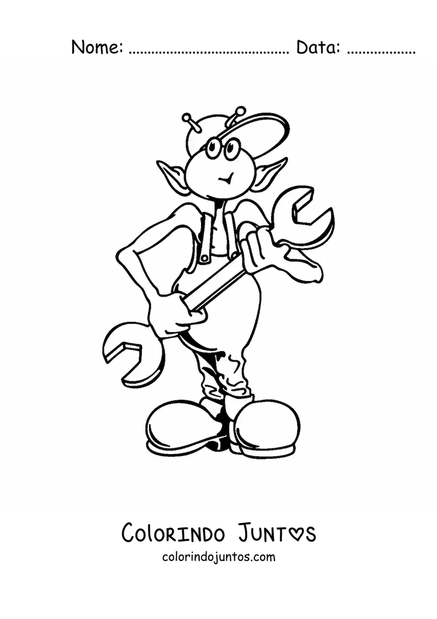 Desenho para colorir de um extraterrestre com ferramentas