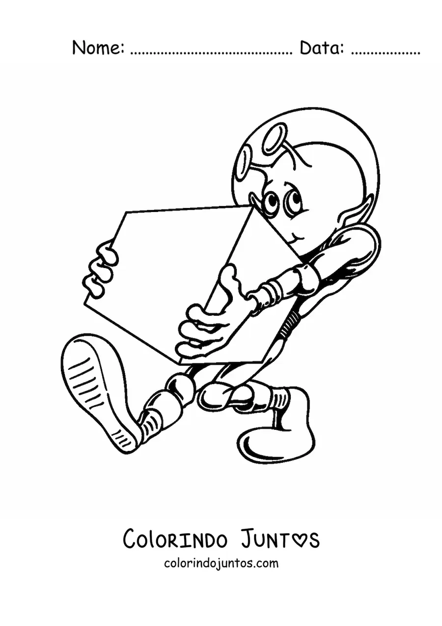 Desenho para colorir de um marciano carregando uma caixa