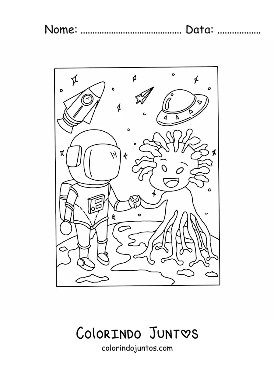 Desenho para colorir de astronauta cumprimentando um extraterrestre
