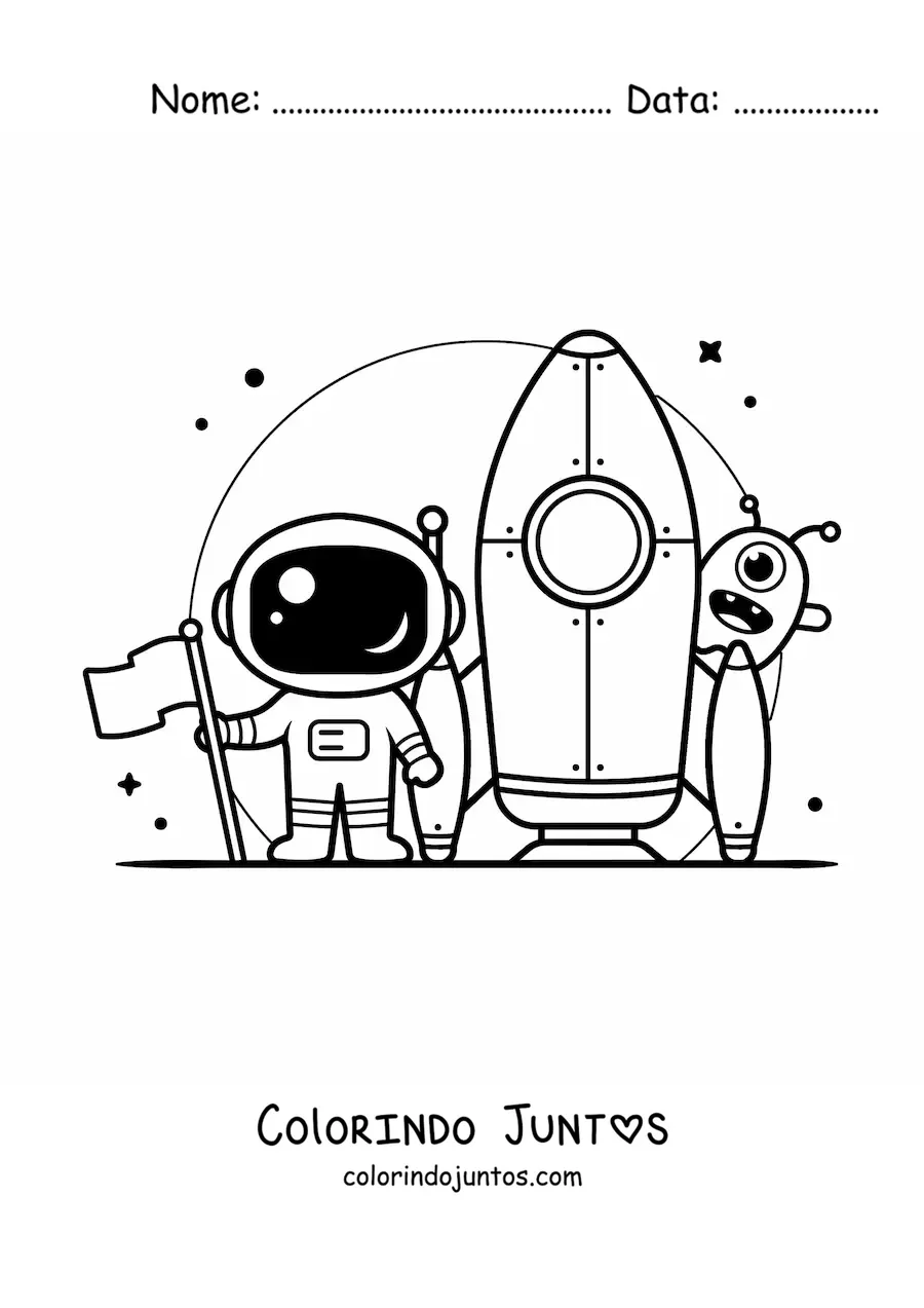 Desenho para colorir de astronauta com um foguete e um extraterrestre