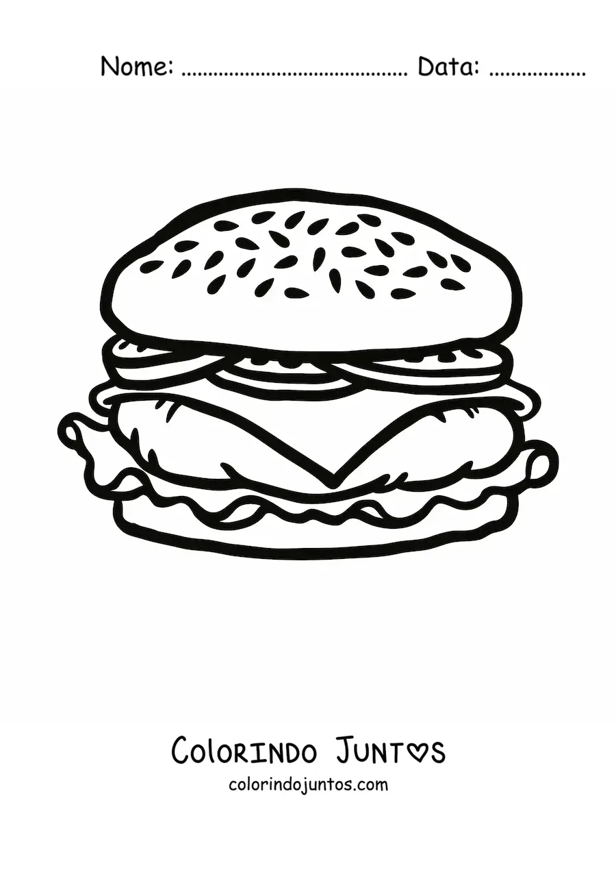 Desenho para colorir de um hamburguer com tomate e queijo