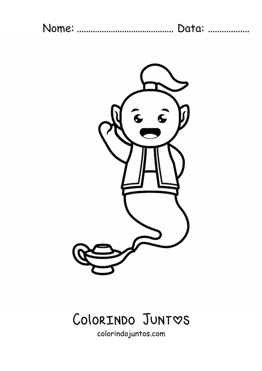Desenho para colorir de gênio kawaii saindo da lâmpada