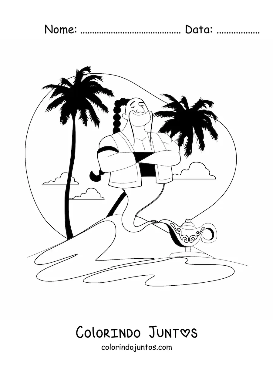Desenho para colorir de gênio animado saindo da lâmpada maravilhosa
