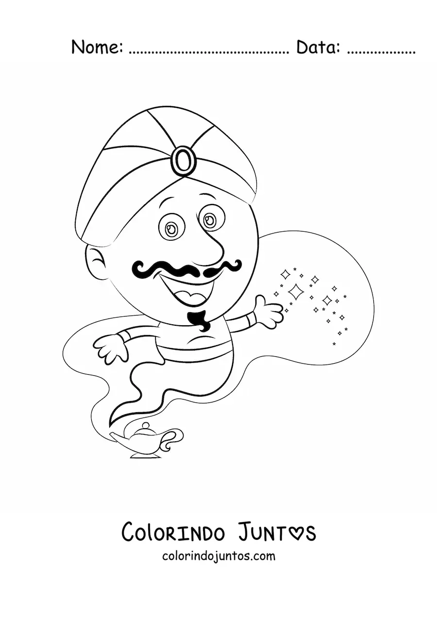 Desenho para colorir de gênio mágico saindo da lâmpada