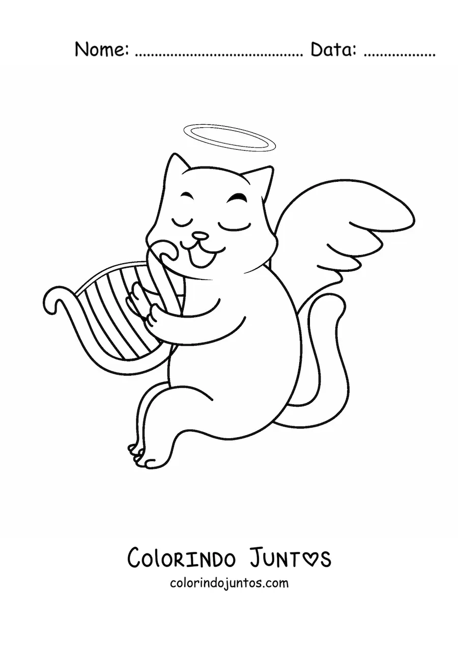 Desenho para colorir de gato anjo animado tocando harpa