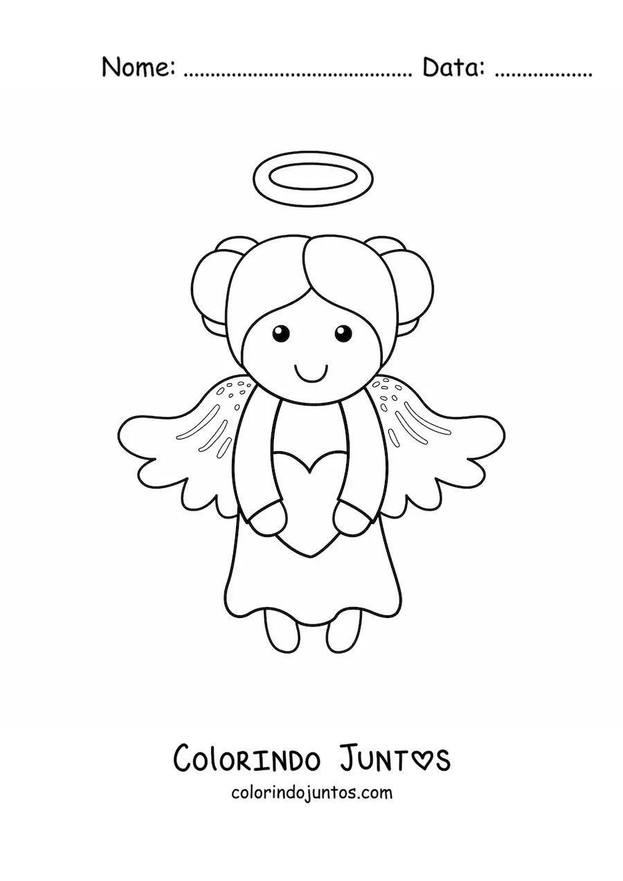 Desenho para colorir de menina anjo animada voando com coração