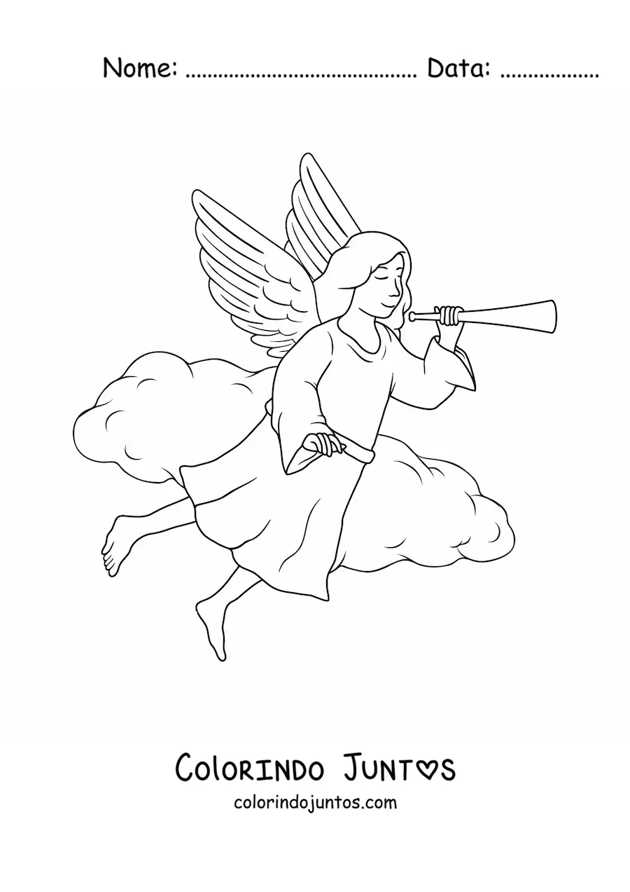 Desenho para colorir de anjo voando no céu com trombeta