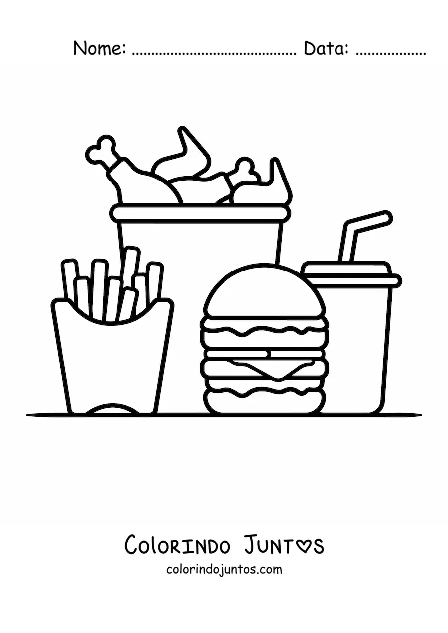 Desenho para colorir de um hamburguer com batata frita, refrigerante e um balde de frango