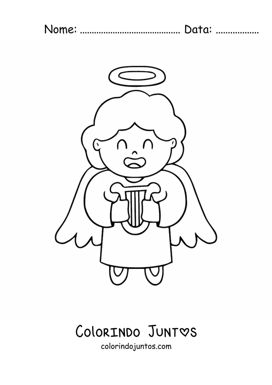 Desenho para colorir de anjo animado com harpa