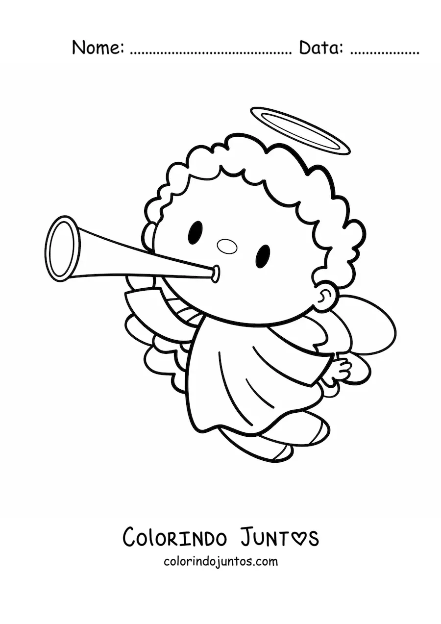 Desenho para colorir de anjo animado voando com trombeta