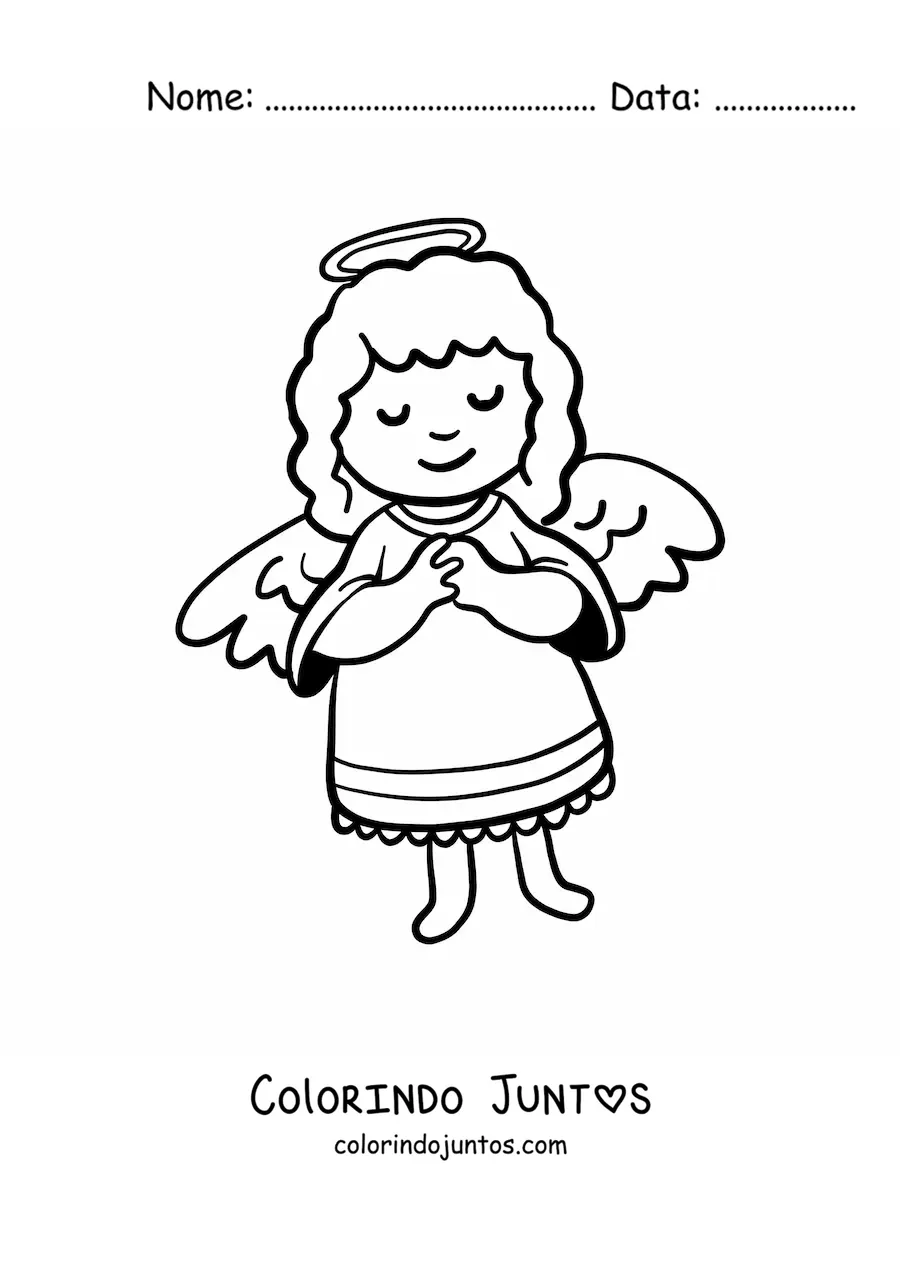 Desenho para colorir de anjo animado rezando com as asas abertas