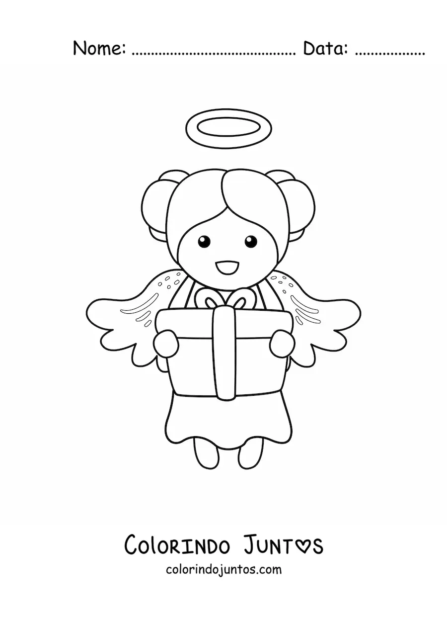 Desenho para colorir de menina anjo natalina com presente